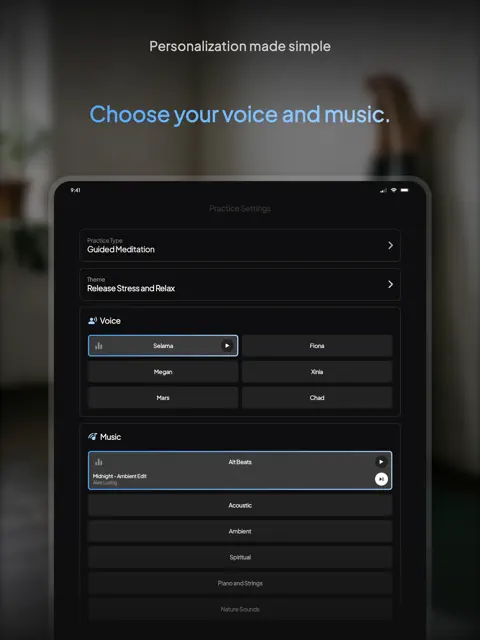 Meditation Down Dog voice and music personalization screen
